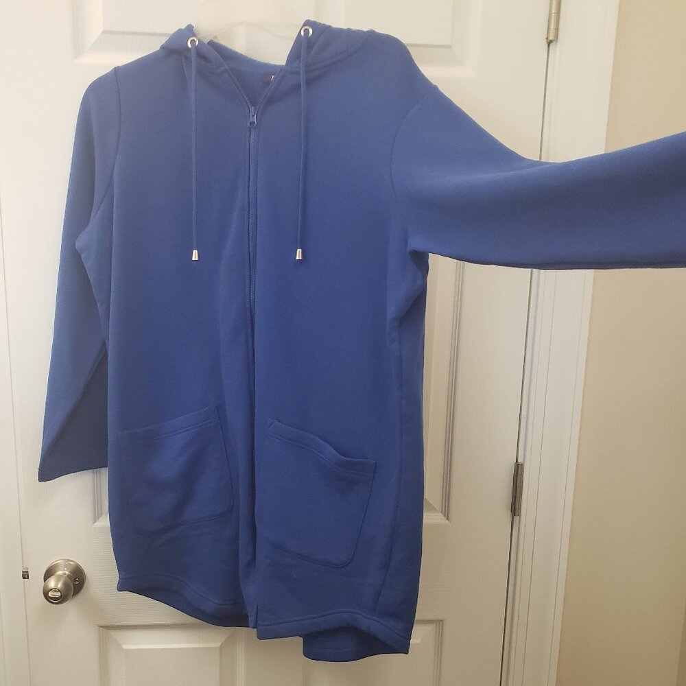 Roman's, blue oversized zipper down hooded sweat cardigan coat, LG 18/20